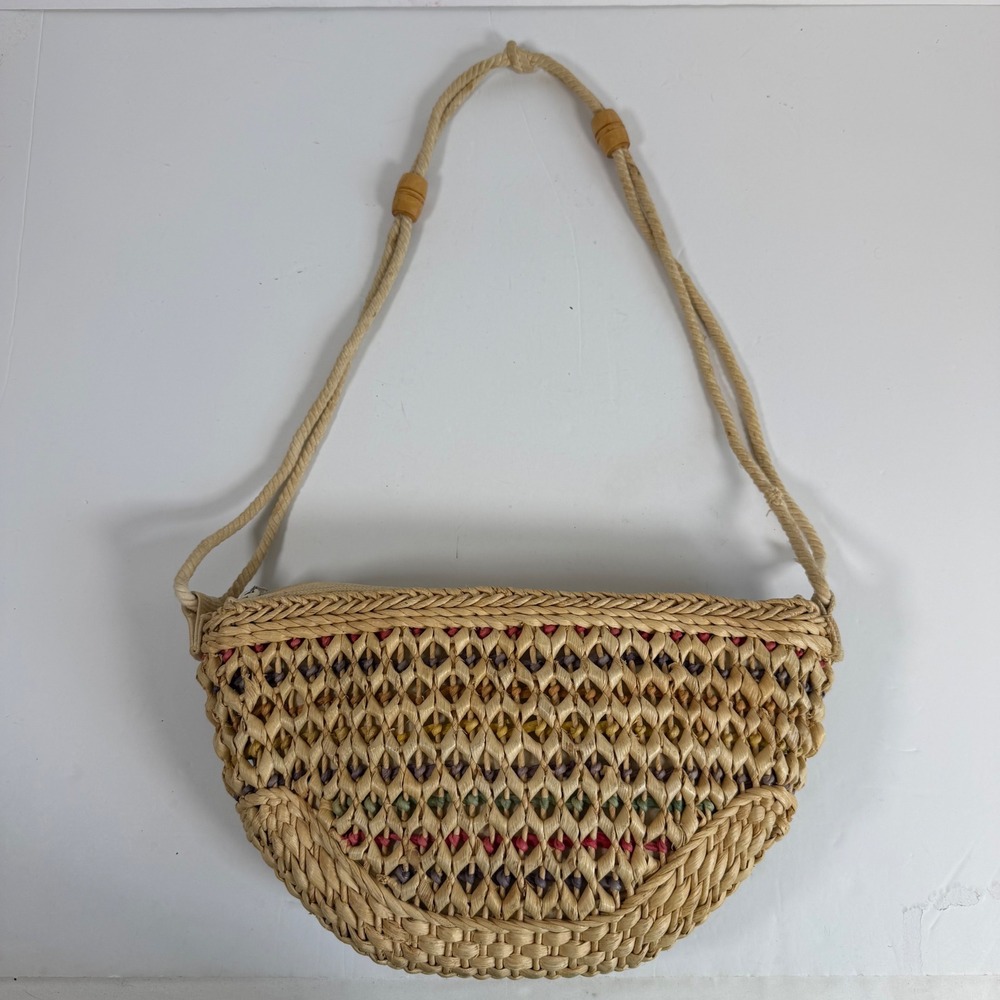 Woven Straw Raffia Shoulder Bag Multicolor Boho Rope Strap Beach Vacation Resort